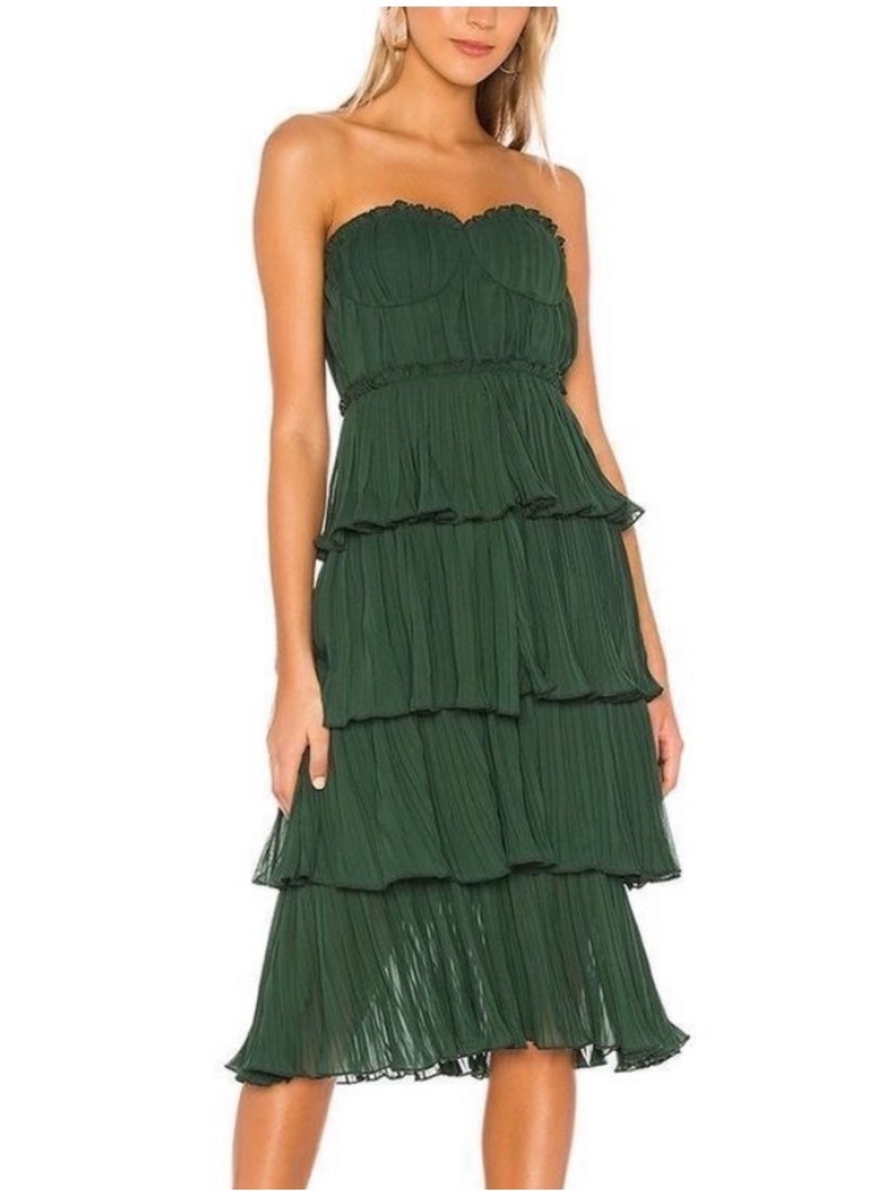 New NWT Lovers and Friends Alex Strapless Ruffle Tiered Midi Dress in Dark Green